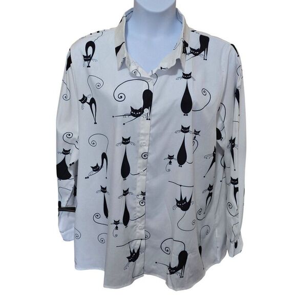 Black & White Cat Print Button-Up Shirt 4XL Long Sleeve Women 95% Polyester Fun - Picture 1 of 10